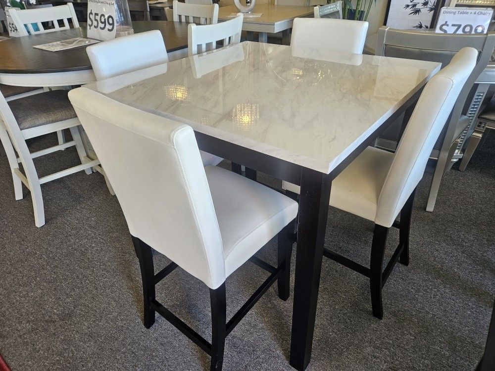 Brand New White Faux Marble Pub High Dining Table (42x42x36H) + 4 Chairs