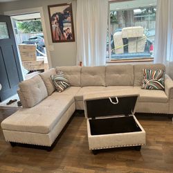 NEW White Gray Sectional Sofa Couch With  Cup Holders, Free Ottoman And 2 Pillows  