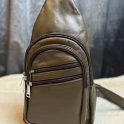 Olive Green Genuine Leather Sling Backpack Crossbody Chest Bag MultiZip 