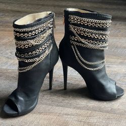 BEBE ALYSSA CHAIN OPEN TOE BLACK STILETTO BOOTIES SZ 8/ GOTHIC ROMANTIC