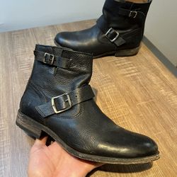 Frye Tyler Engineer Short Black Leather Boots Women's Size 10 Buckle Moto Zip