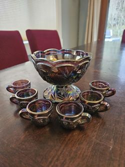 1978 Encore Trout Souvenir Carnival Glass Miniature Punch Bowl 7 Piece Set
