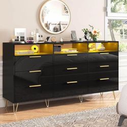 BRAND NEW BLACK NINE DRAWER DRESSER WITH LED LIGHTS AND CHARGING PORTS!