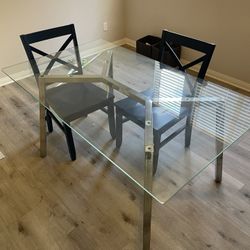 Glass Table With 4 Blue Farm Chairs