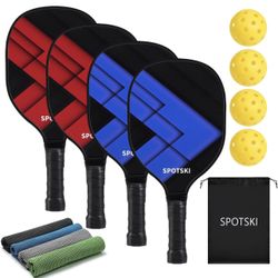 Pickleball Paddles, Pickleball Set with 4 Lightweight Wood Pickleball Paddles, 4 Outdoor & Indoor Pickleball Balls, 4 Cooling Towels and Carrying Bag,