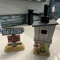 Beach Theme Bathroom  Set (curtain , rings, dispenser, holder), 