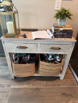 Rustic Whitewashed Console Table with Drawers
