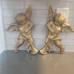 Angel Cherubs with Trumpets Wall Plaques:Setof Two Vintage WallDecorAngels