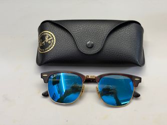 Ray-Ban Clubmaster RB3016 Sunglasses Tortoise Gold Blue Mirror Flash 49mm Case
