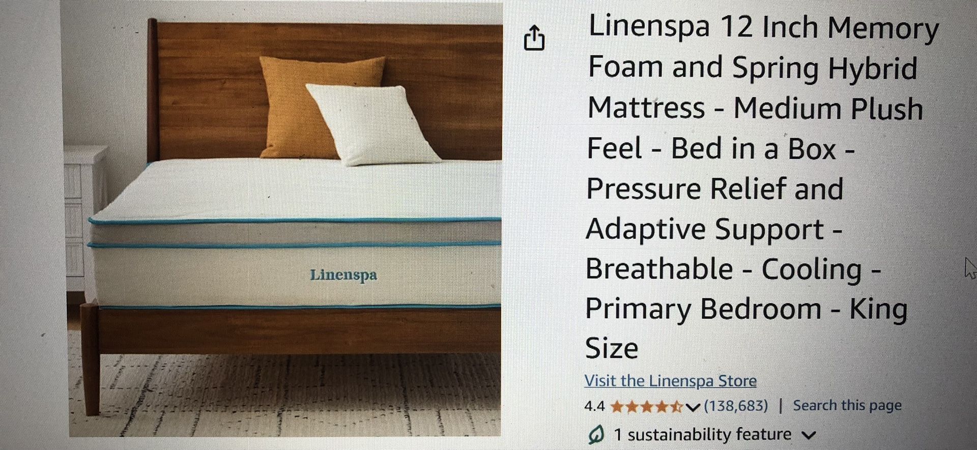 King Mattress/Box 12” Memory Foam, Linenspa, Spring Mattress/Box Spring - Medium Plush Feel - Pressure Relief/Adaptive Support/Breathable/Cooling