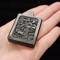Vintage China Old black jade Carved Amulet Pendant