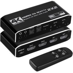 HDMI Matrix 2x2, 4K@60Hz HDMI Matrix Switch 2 in 2 Out with IR Remote Control, Support HDMI 2.0b, HDCP 2.2, HDR, Ultra HD, 3D