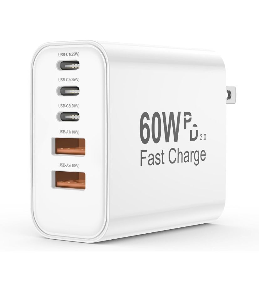 USB C Charger Block, 5 in 1 Single 25W Max iPhone Charger, PD 3.0 60W Charging Blocks, QC 2A USB Wall Charger for iPhone 17 16 15 14 13 12 Pro Max, iP