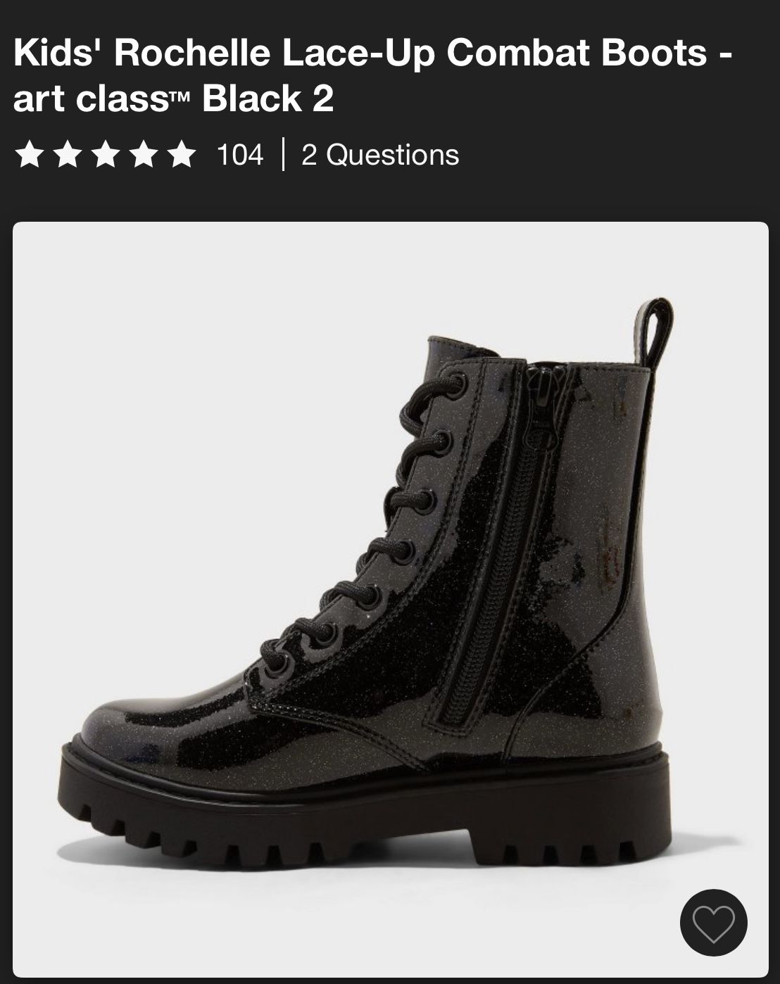 NWT Girls black/silver glitter lace up combat style Boots; Art class; Never Worn