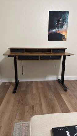 55 * 30 Inches Electric Standing Widened Desk Adjustable Height with 4 Drawers, Double Storage Shelves Stand Up Desk, Home Office Workstation Sit Stan
