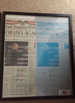 Obama Los Angeles times election & re-election issue with frame. 25X21. Newspaper & plate.