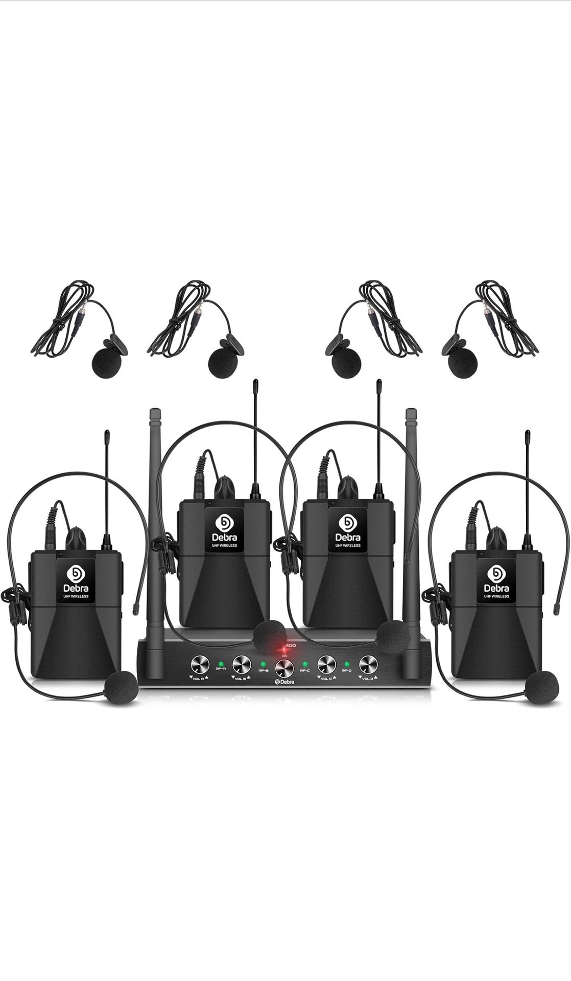 D Debra Audio AU400 Pro UHF 4 Channel Wireless Microphone System with Cordless Handheld Lavalier Headset Mics, Metal Receiver, Ideal for Karaoke Churc