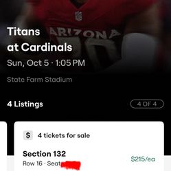 Arizona Cardinals vs Tennessee Titans 4 Seats - $175 each -  COST PRICE NEAR CENTER - VERY GOOD