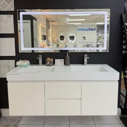 60" Double Sink Floating White Bathroom Vanity 