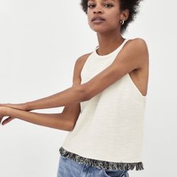 Zara Traufaluc Cream Black Fringe Top