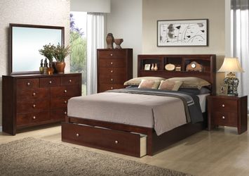 Brand new espresso queen storage bed frame + dresser + mirror + nightstand