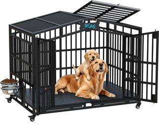 54'' Heavy Duty Indestructible Dog Crate XXL - Extra Large Metal Dog Kennel with Open Top, 2 Adjustable Bowls & Lockable Wheels, Escape Proof Indoor C