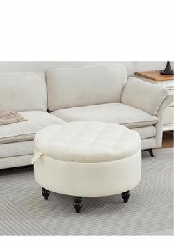 24 Inch Fabric Round Ottoman with Storage, Modern Upholstered Button Tufted Ottoman Coffee Table with Tray Lid, Circle Footstool with Storage for Livi