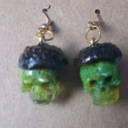 OOAK One Of A Kind Handmade Resin Skull Earrings With Moss And Acorn Caps