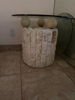 Vintage 80s Postmodern Tessellated Mactan Stone Coffee Table — Wedge Base + Glass Top