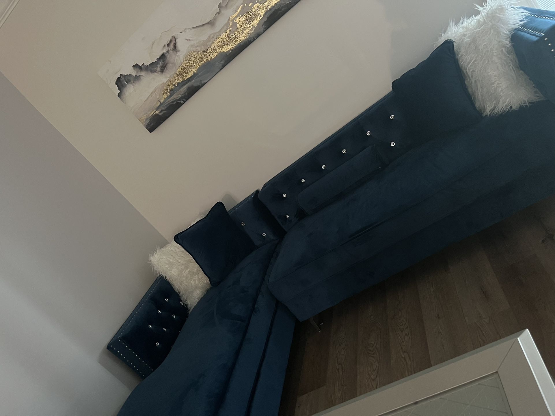 New Suede Navy L Couch Sectional + Throw Pillows
