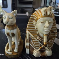 Vintage Pair of Egyptian Figural Busts - King Tutankhamun & Gubastis Cat Statues