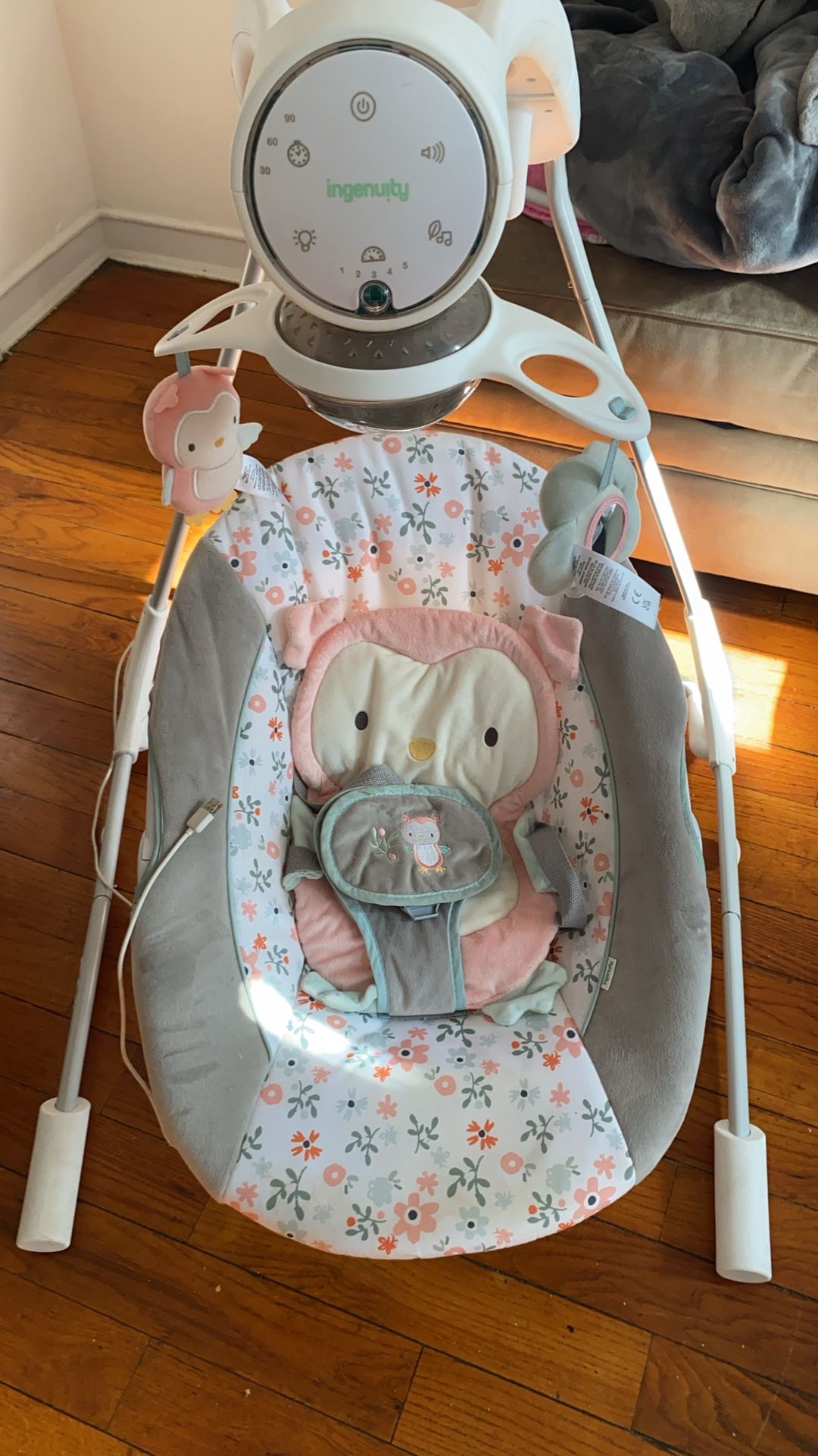 Ingenuity InLighten 5-Speed Baby Swing, Swivel Infant Seat, Nature Sounds, Lights - Pink, Nally