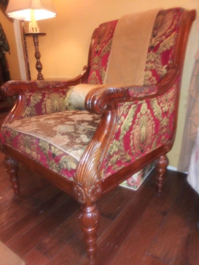 Red and Gold Damask Upholstered Arm Chair