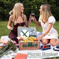 Handmade Wicker Picnic Basket for 2 with Cooler & Tableware, NIB