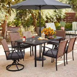 New in box 7-Piece Patio Dining Set for 6, Outdoor Dining Set with Wicker Swivel Patio Dining Chairs with Cushions & Black Rectangular Woodgrain Dinin