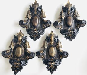Set of 4 Large Ornate Baroque Rococo Revival Wall Plaques/Tapestry or Drapery Hangers, Black & Gold Resin