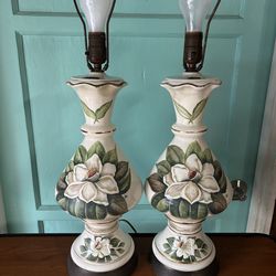 Vintage pair of hand-painted, signed porcelain table lamps