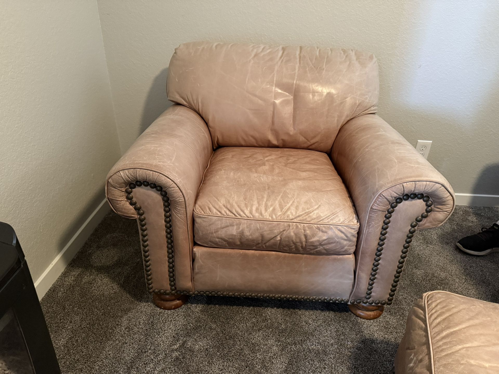 Soft Leather Chair With Ottoman & Nailheads