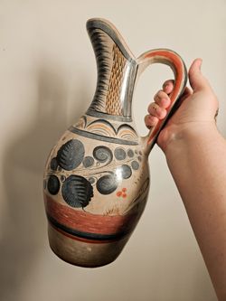 Large Tonala Mexican Hand-Painted Ceramic Pitcher Jug