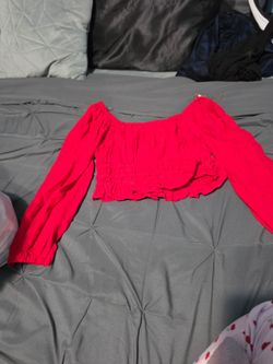 Red cropped long sleeve off the should top