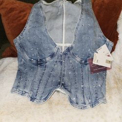 💎 Good American Crystal-Studded Denim Vest (Size M — New with Tags)
