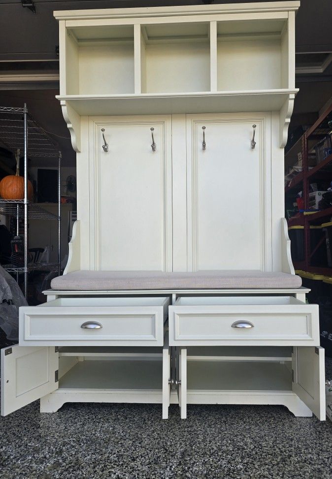 Sadie Ivory Hall Tree with Cushioned Storage Bench