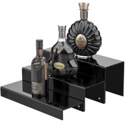 2 Pack Tiers Bar Shelves for Liquor Bottles, 15" Clear Acrylic Risers Display Racks Stands for Figures Pops Cupcake Perfume Collections (Black)