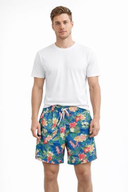 Men’s Tropical Hawaiian Swim Trunks Blue Floral Beach Shorts Elastic Waist 