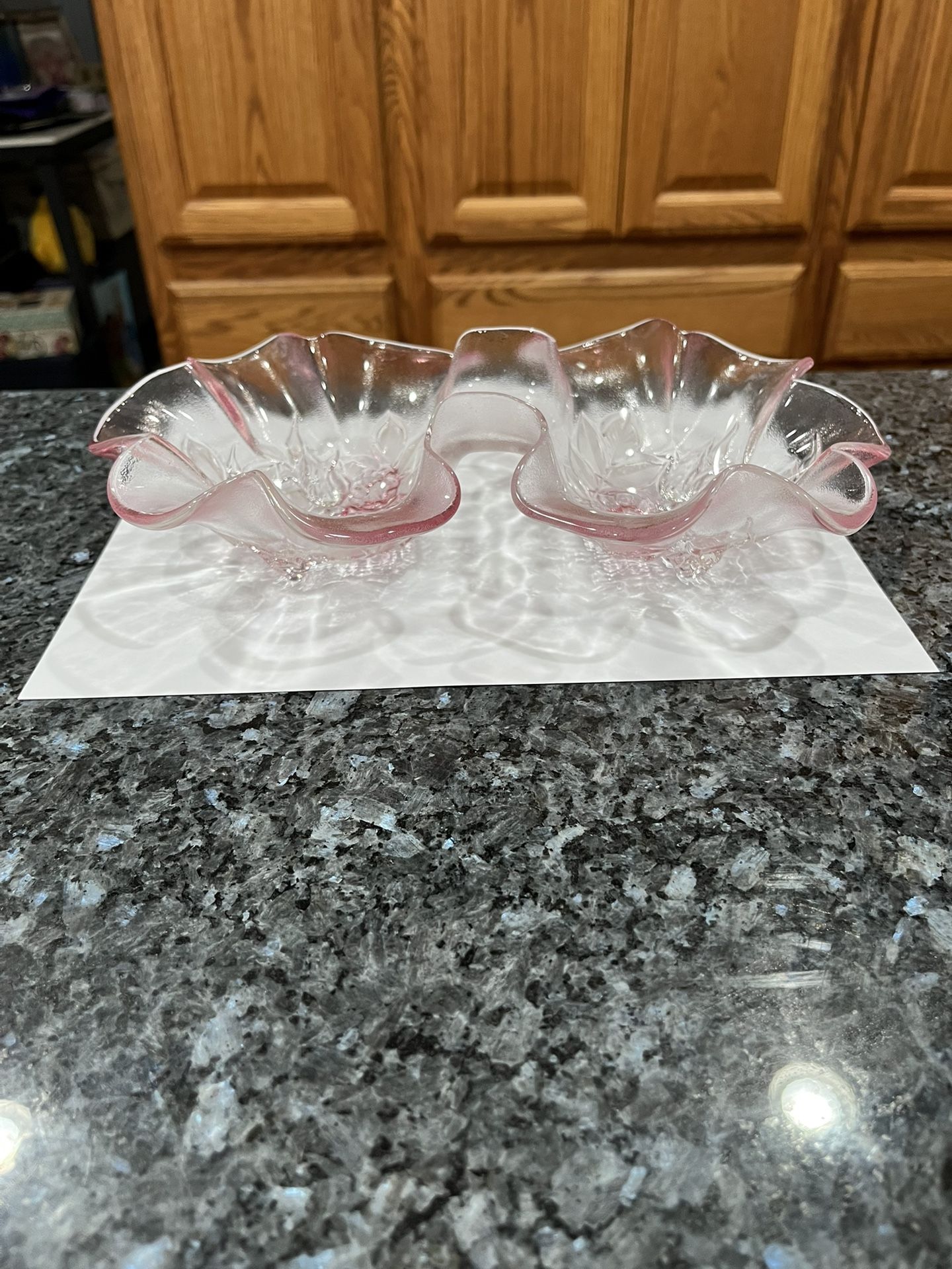 Mikasa  Divided Pink Ruffle Bowl / Dish.  Size approximately 11 long by 7 inches and 2 inches tall.  Preowned excellent condition.  No cracks or chips