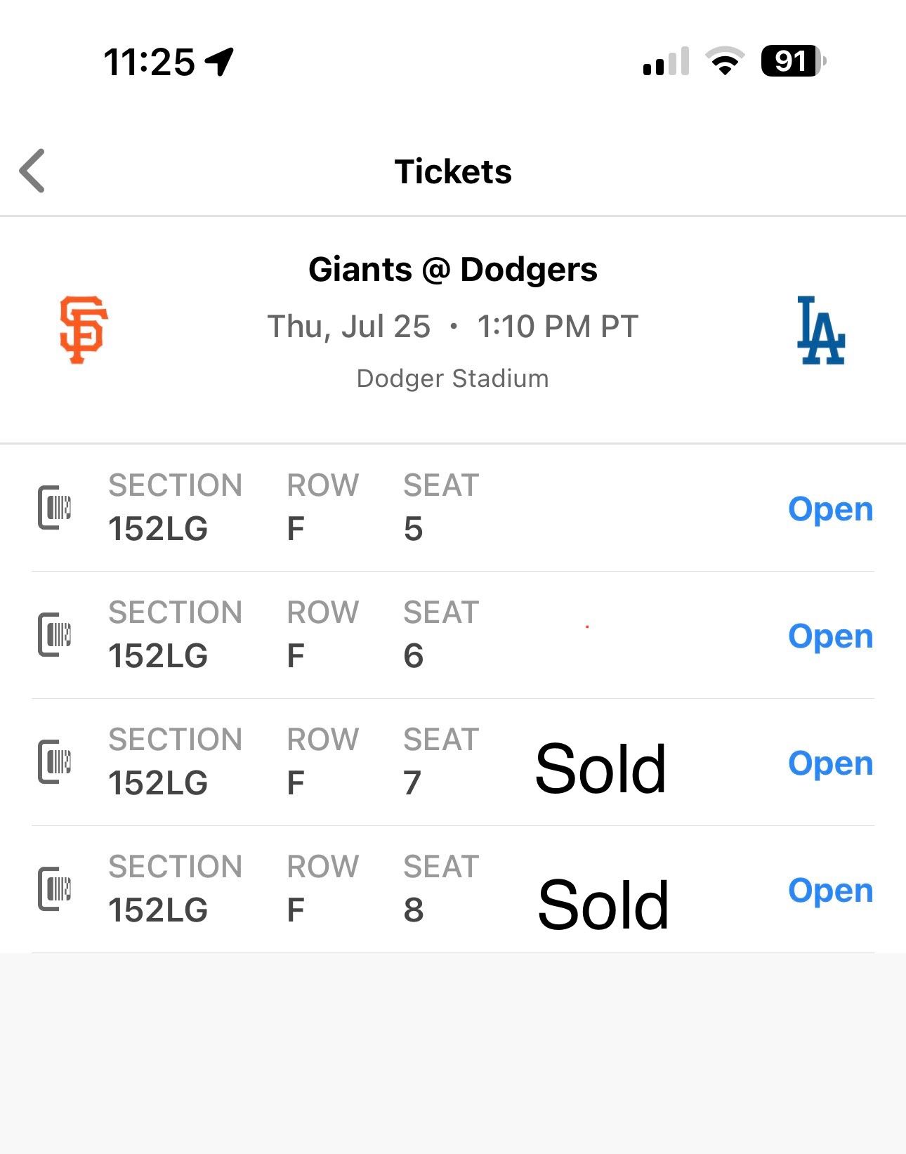 2 Tickets: Giants @ Dodgers 7/25