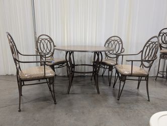 Ornate Bronze Metal Round Dining Set with Four Chairs