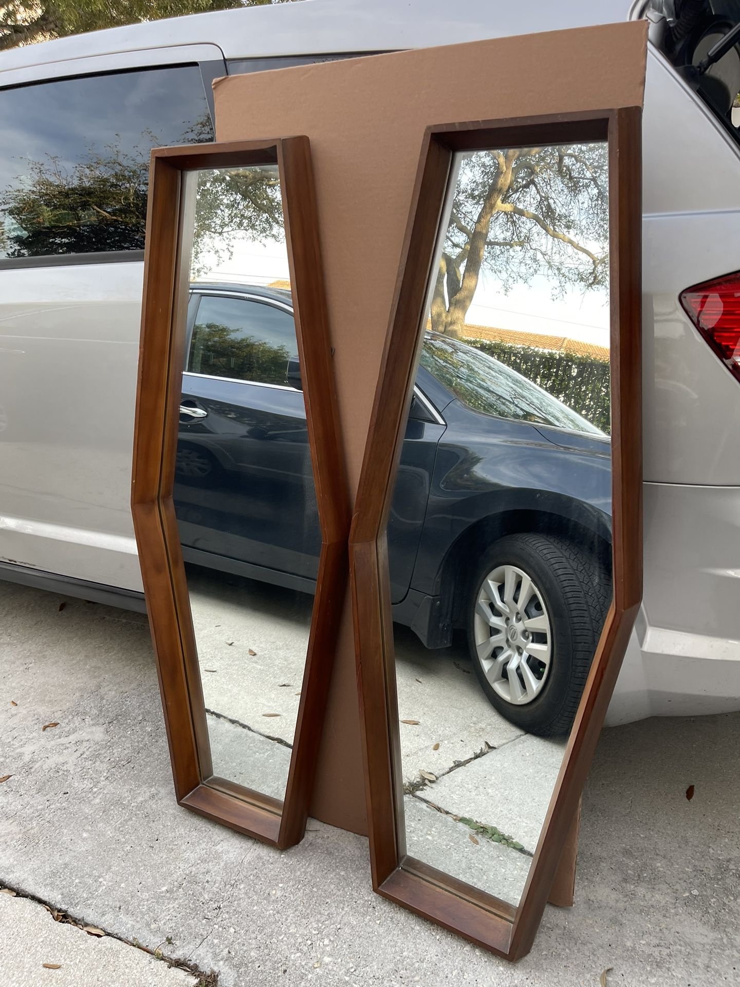 Pair of Mid Century 1960’s Walnut Beveled Glass Diamond Coffin Style Mirrors 54”H X 20”W X 3”D Good Condition $150 Firm On Price