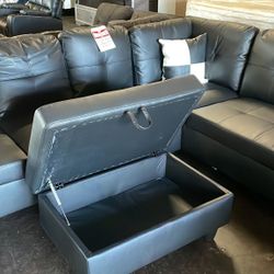 Black Leather Sectional w/ Storage Ottoman
