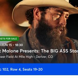 2 Tickets, Sec 102, Row 4, Post Malone & Jelly Roll